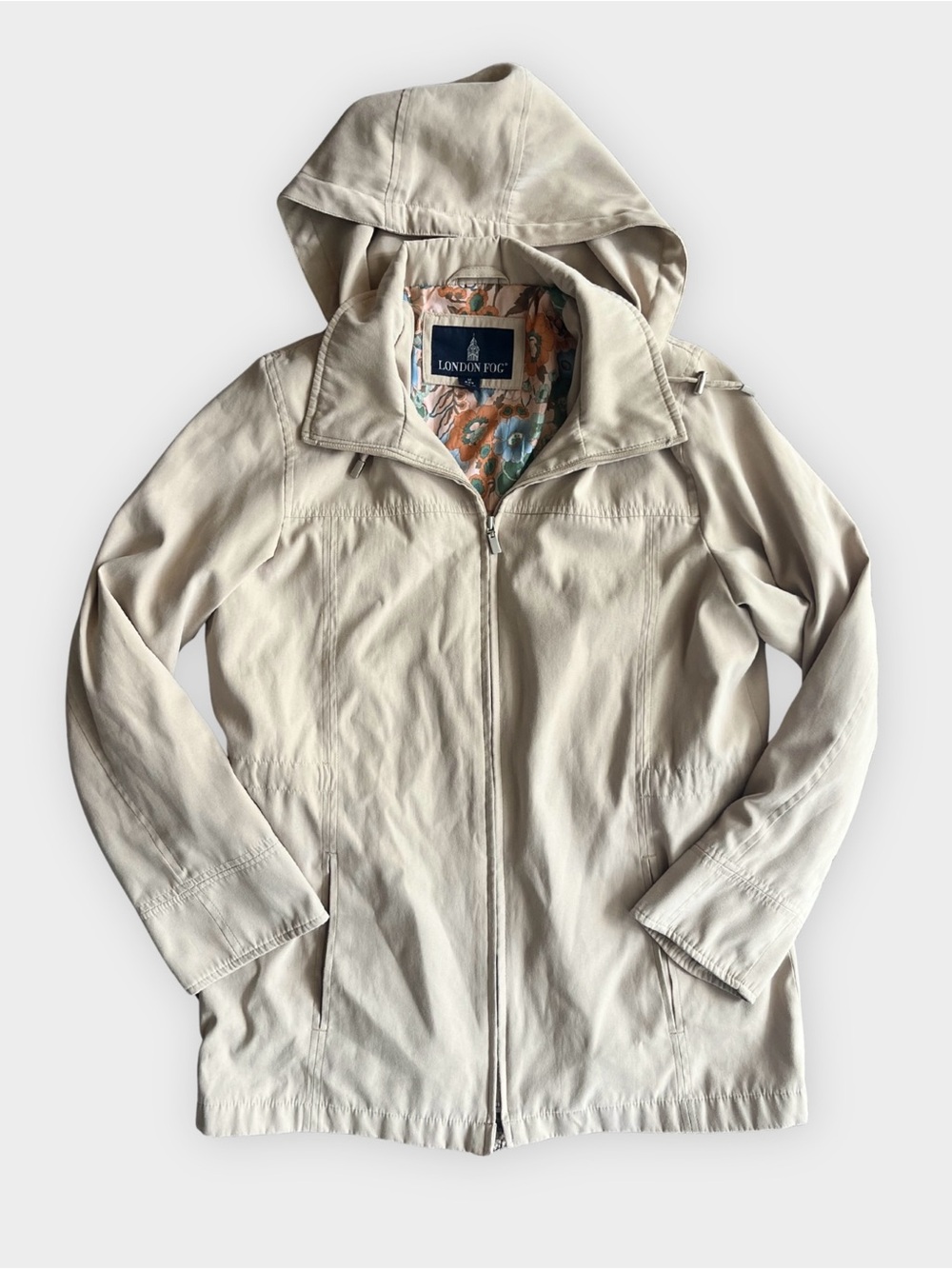 London Fog Beige Hooded Jacket Floral Lined Lightweight Spring Size M
